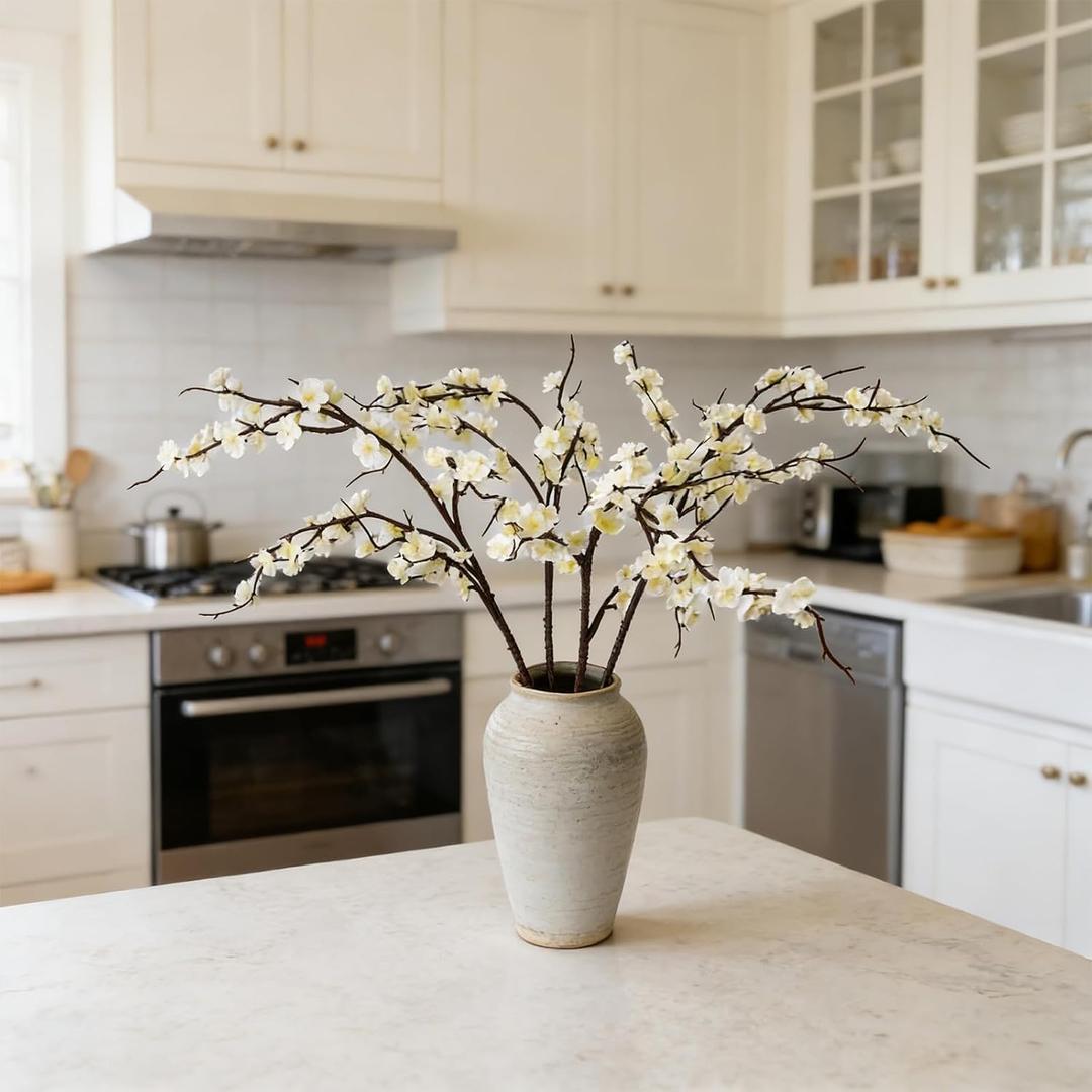4 Pcs 38.2inch Artificial Plum Blossom Flowers Faux Cherry Blossom Stems Silk Plum Blossom Branches Long Stems for Home Wedding Table Vase Arrangements Decor (White)