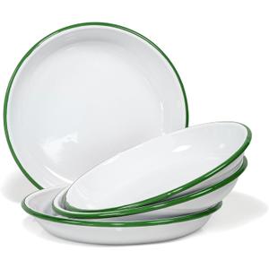 Red Co. Set of 4 Enamelware Metal 10 Round Camping Plates, Solid White/Dark Green Rim