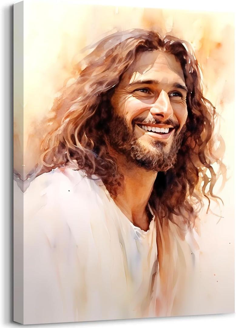 Jesus Wall Art,Laughing Christ with Long Curly Hair Beard Kind Friendly Jesus Portrait Watercolor Painting for Living Room Bedroom Decor Framed (24"L x 16"W)
