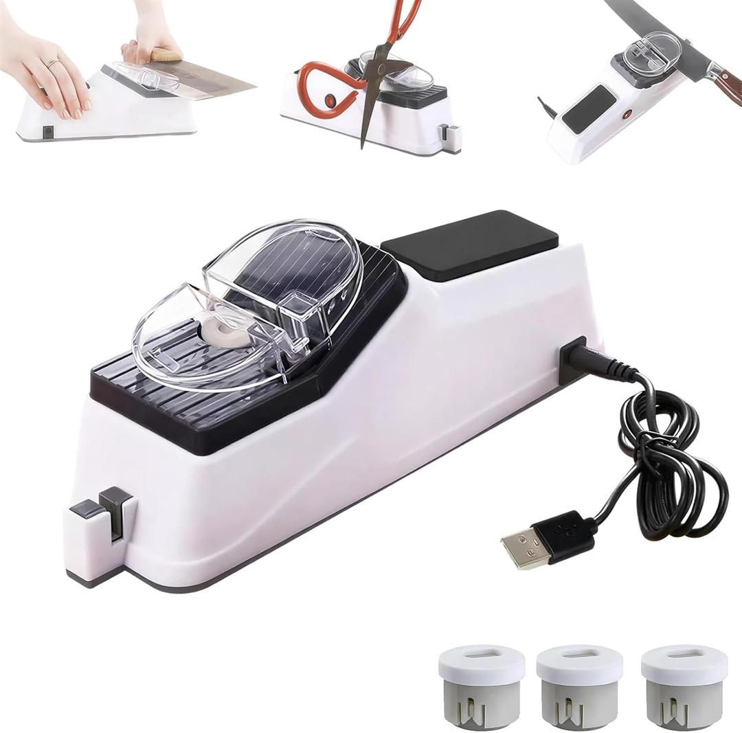 USB Electric Knife Sharpener for Home Commercial Chef, Double Sided Knife Sharpener, Quick Sharpening & Polishing-With 3 Pcs Replacement (White)