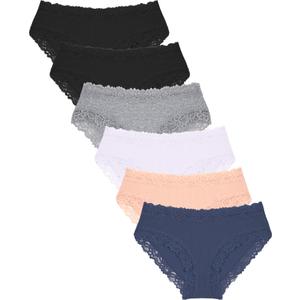 FINETOO Womens Underwear Cotton Bikini Underwear for Women Lace Wasit Hipster Panties Soft Breathable Briefs 6 Pack (Large, C 6 Pack (Black*2 White*1 Blue*1 Grey*1 Nude*1))
