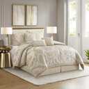 Stratford Park 7 Piece Gold Comforter Set, Elegant Floral Queen Size Bedding, Jacquard with Matching Solid Microfiber Piece Work, All Season Bedding Sets, Matching Bedskirt, Pillow Shams