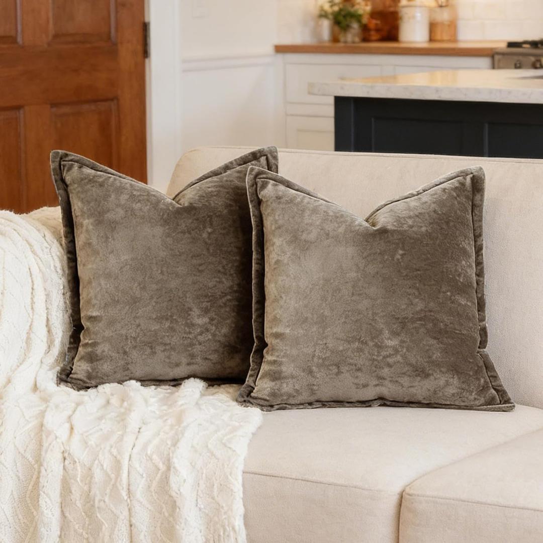 Luxurious Velvet Throw Pillow Covers 20x20 Set of 2 Decorative Pillow Covers Solid Square Cushion Case for Sofa Couch Bedroom Farmhouse, Brown