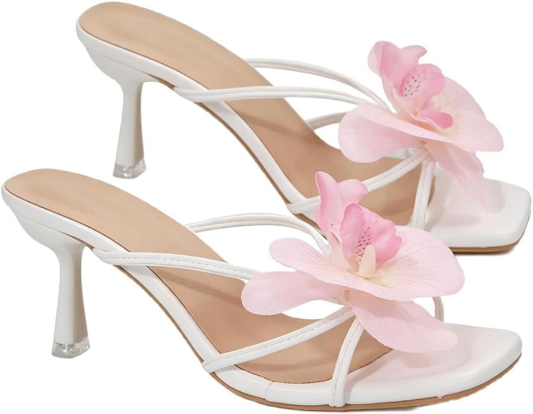 MakeMeChic Women's Open Toe Floral Kitten Heels Flower Summer Beach Sandals (White, 6.5)