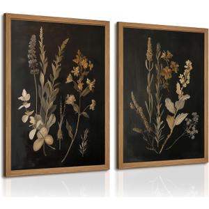 Vintage Floral Wall Art Decor Black Botanical Canvas Art Moody Flower Wall Art Dark Academia Poster Painting Vintage Floral Prints Pictures for Bedroom Living Room 12x16 Inch Wood Framed Set of 2