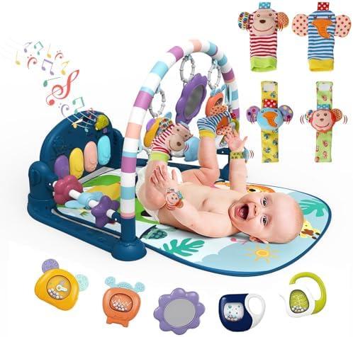 dearlomum Baby Play Mat Gym,Funny Play Piano Tummy Time Activity Mat with 5 Infant Sensory Toys & 4 Wrist Rattle Socks, Boy & Girl Gifts for Newborn 0 to 3 6 9 12 Months(Blue)