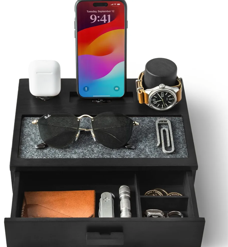 Holme & Hadfield Premium Wooden Phone Docking Station with Drawer – Nightstand Organizer for Charging Phone & Earbuds – Declutter Your Space with FeltLined Protection & Watch Pillar – Gift For Men