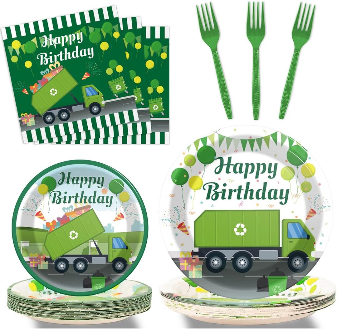 96 Pcs Garbage Truck Birthday Party Plates and Napkins Party Supplies Trash Trucks Party Tableware Set Waste Management Recycling Party Decorations Favors for Birthday Baby Shower for 24 Guests