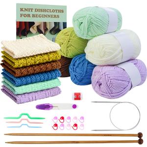 Lewhoo Knitting Kit for Beginners,Learn to Knit Kit for 6 Patterns Dishcloth with Step-by-Step Instruction,Complete Knit Starter Kit -Including Yarn, Knitting Needle&Accessories