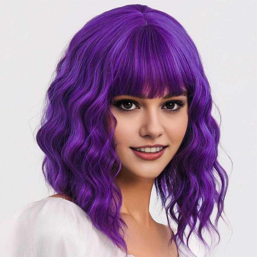 AGO Purple Wig with Bangs Short Loose Wave Pastel Bob Wigs Shoulder Length Synthetic Hair for Women Girl Synthetic Heat Resistant Fiber for Daily Party Halloween Cosplay Use(415#Purple)
