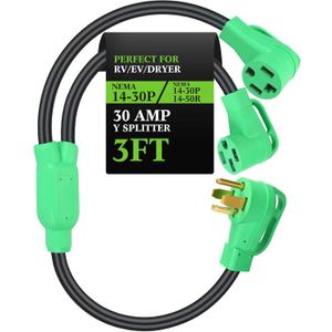 Kanayu 30 Amp Dryer Y Splitter to RV/EV NEma 14-30P to 14-50R/14-30R Adapter 4 Prong 30 to 50 Amp Y Adapter Cable for EV RV Charging at Dryer Outlet, 250 Volt, 10 AWG 4 Conductors, 3 ft(Green)