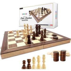 Wooden Checkers & Chess Set  15 Inch Large Folding Board Game, 2-in-1 Classic Checkers and Chess for Kids & Adults, Travel-Friendly, Premium Wood Pieces, Family & Strategy Game Gift