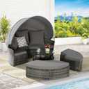 KEIKI Outdoor Patio Round Sleeper Couch Daybed with Center Table, Retractable Canopy, Cushions & Pillows, Wicker Rattan Sun Day Sofa Bed Reclining Lounger for Backyard, Poolside, Large