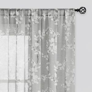 FMFUNCTEX Linen Sheer Curtains for Bedroom, Grey White Blossom Print Curtains 96 Inches Long for Living Room,Floral Patterned Farmhouse Curtain Light Filtering Window Drapes 2 Panels, Rod Pocket