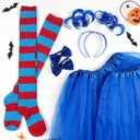 Halloween Costume Accessories Include Womens Tulle Tutu Headband Bow Ties Stretchy Striped Socks for Adults Cosplay (Blue)
