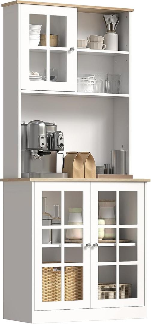 HOMCOM Kitchen Pantry Storage Cabinet, 72" Freestanding Cabinet with Hutch, Large Countertop, Glass Doors and Adjustable Shelves for Dining Room, White (1)