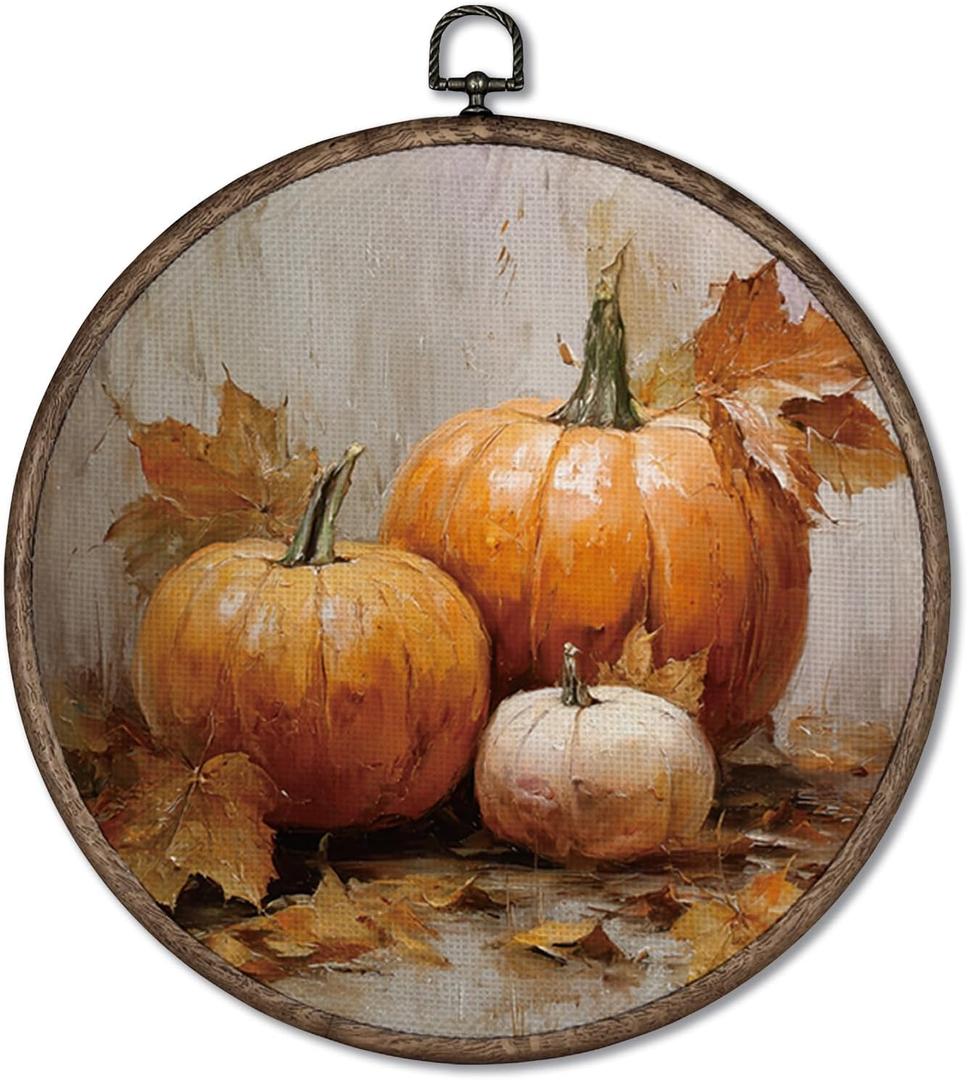 Giosve Vintage Rustic Fall Pumpkin Round Wall Art Canvas Framed Poster, Farmhouse Autumn Maple Leaf Pumpkin Hanging Wall Sculptures for Kitchen Home Living Room Bedroom Decor, 10x10 Inch