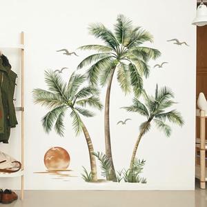decalmile Large Boho Palm Tree Wall Decals Tropical Plant Sunset Beach Wall Stickers Living Room Bedroom Office Wall Decor (Tree H: 53 inches/135 cm)
