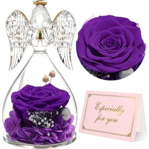 Yamonic Mom Birthday Gifts for Mom Grandma, Angel Figurines with Real Rose Gifts for Women Moms, Preserved Flowers Rose Glass Angel for Mothers Day Christmas Valentine's Day Gifts for Her(Purple)
