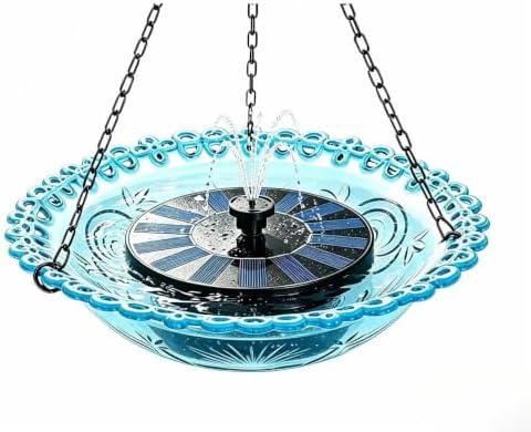 Hanging Bird Bath with Solar Fountain, 9.06 Inch Clear Plastic Bird Bath Bowl for Outdoors, Easy to Clean & Install, Bird Feeder with Chain Hook for Backyard Garden Patio Decor (Blue)