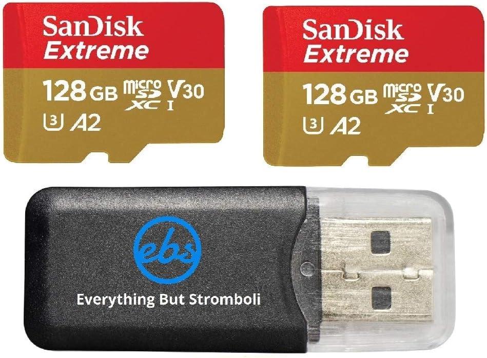 SanDisk Extreme 128GB Micro SDXC Card for DJI Mavic Mini 2, Mavic Mini, Mavic Air 2 Drone (2 Pack) C10 4K V30 A2 (SDSQXA1-128G-GN6MN) Bundle with 1 Everything But Stromboli MicroSD Memory Card Reader