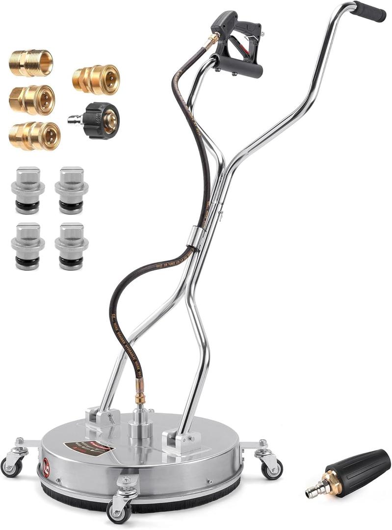 18" Pressure Washer Surface Cleaner, Driveway Power Washer Attachment with Dual Handle, 4 Replacement Nozzles, 3/8", 1/4" QC, M22-14/15 Adapter, MAX 4000PSI for Concrete, Patio, Deck Cleaning