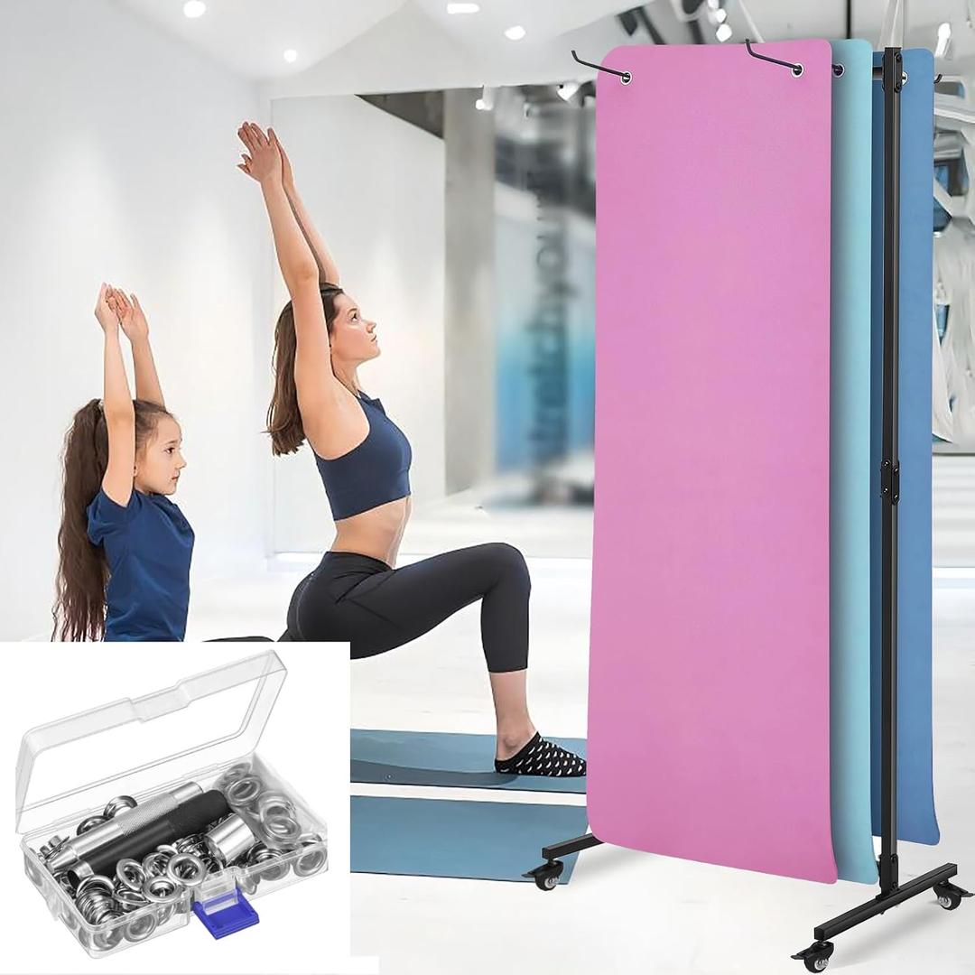 Yoga Mat Holder Hanging, Metal Double Sided Yoga Mats Storage Cart on Wheels, Floor Standing Pilates Mat Rack for Home Gym, Exercise, Yoga Studio, with Punching Tool(Black)