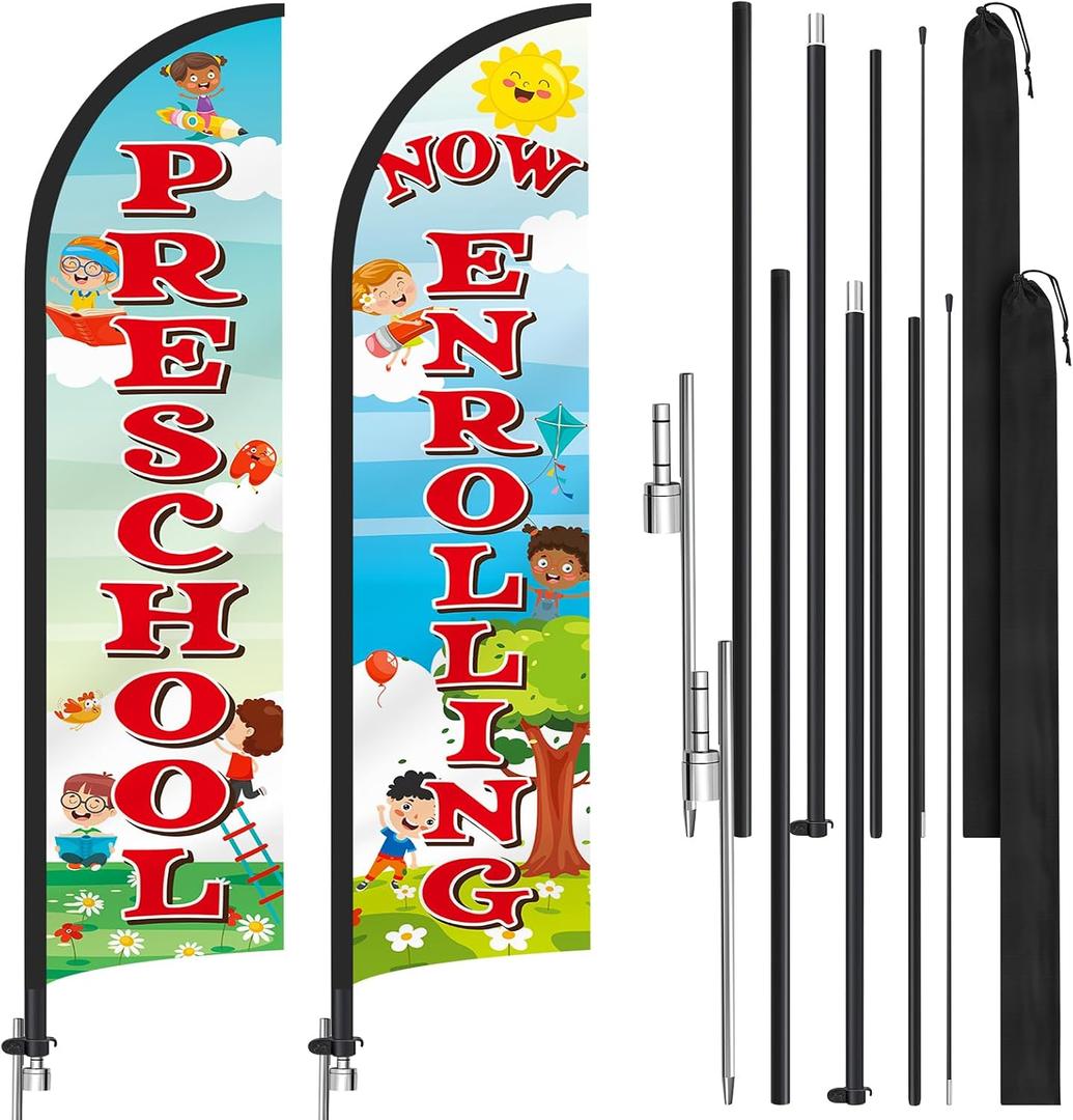 HunnmingRe 2 Pack Now Enrolling Preschool Feather Flag Set Preschool Swooper Flag Weatherproof Advertising Banner Enrolling Sign 15ft x 2.5ft with Flagpoles Ground Stakes Set for Business Advertising, Large Signage