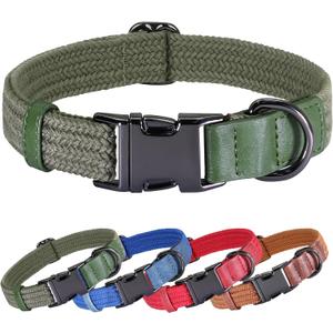 PET ARTIST Soft Cotton Dog Collars for Medium Dogs in Stylish Green, Simple Dog Collar with Quick Release Metal Buckle & D Ring, M Size (13-21")