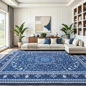 9x12 Area Rugs for Living Room, Washable Non-Slip Rug, Oriental Dark Blue
