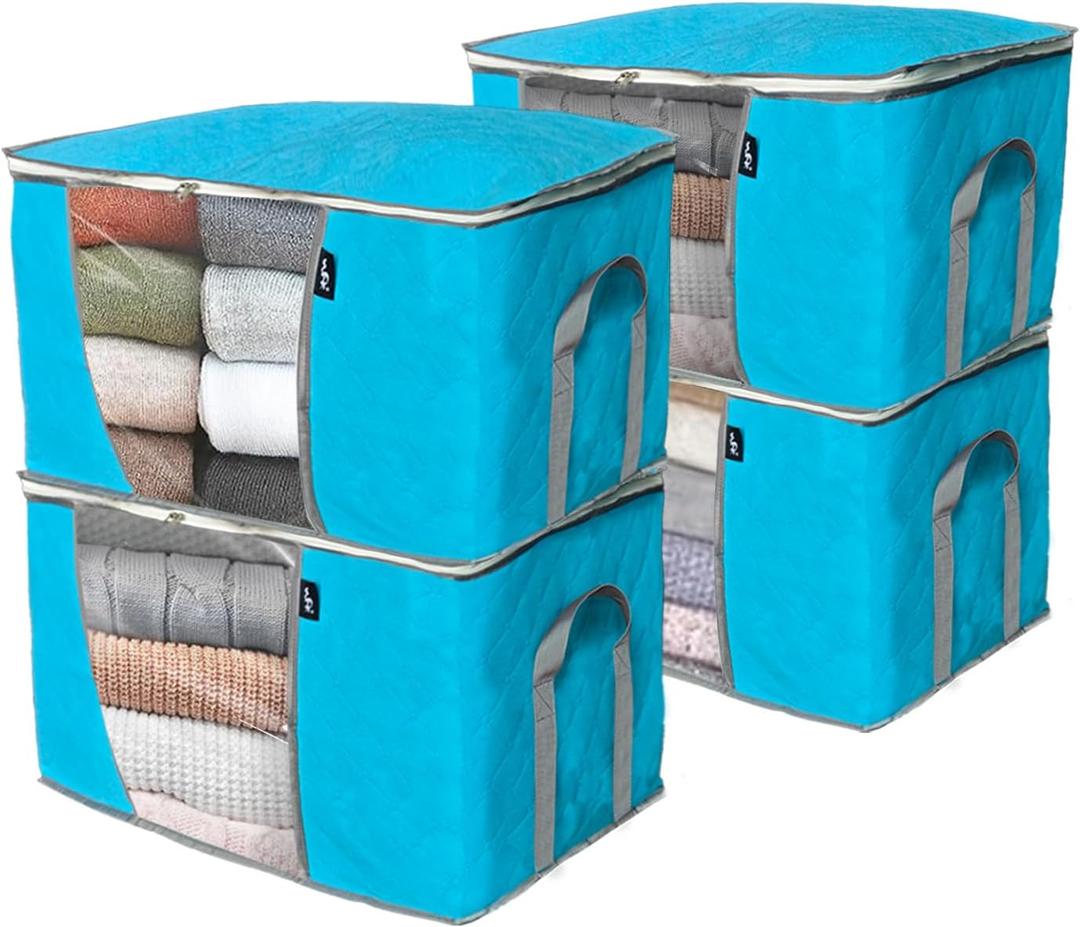 WFK handbag 4-piece set, foldable thick fabric storage bag, used for organizing bedrooms, wardrobes, and wardrobes; Can store clothes, blankets, plush toys, blue