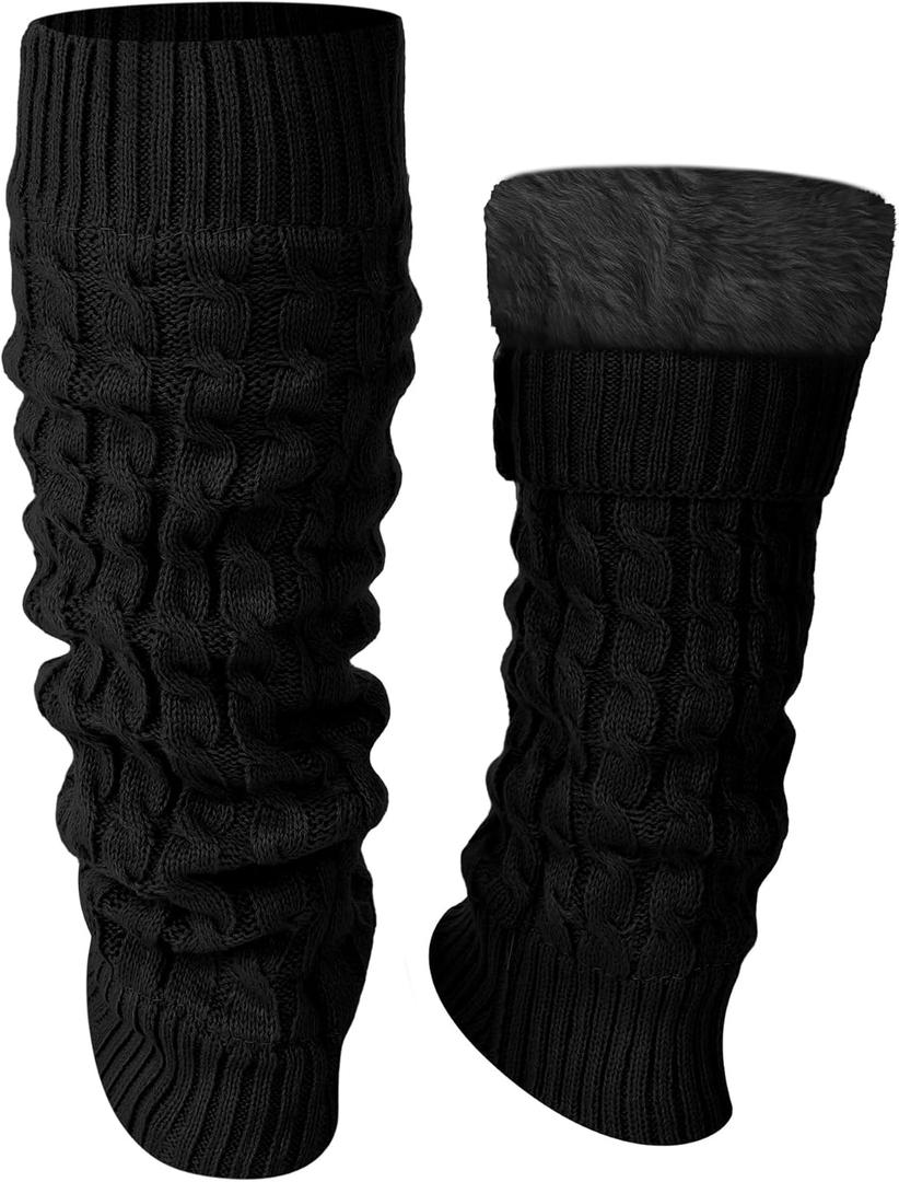 Shihanee Winter Fleece Lined Leg Warmers for Women Knit Long Leg Warmers Warm Fleece Lined Boot Socks for Skating Daily Wear (Black)