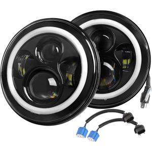 Round LED Headlights with Halo 2PCS 7 Inch 6000LM Headlamp for Jeep Wrangler TJ JK CJ, Offroad Lights with DRL White Angel Eyes & Amber Turn Signal, IP67 Waterproof, H4 to H13 Adapter, Plug & Play