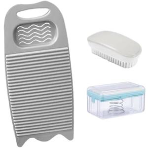 Wash Board, Washboard For Hand Washing Clothes, Plastics Laundry Scrub Board Household With Holder Portable (D-Gray+Multifunctional Soap Dish+Soft Bristle Brush)