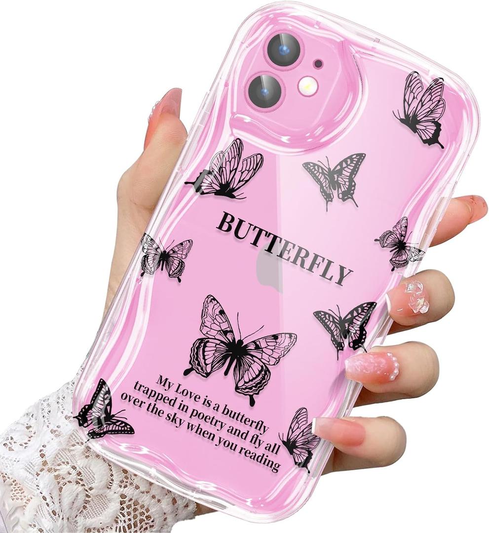 2 x Compatible for iPhone 11 Case, Pretty Butterfly Print Three-Dimensional Wave Clear Case for Girls Women, Soft Full Package Anti-Fall Cover for iPhone 11, Shadow Dance Black