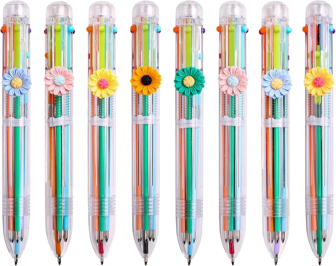 Multicolor Pens & Flower Pens for Adult Use 6-in-1 0.5mm Ballpoint Pens, Clear Daisy Barrel for Office, Journaling, Planning & Color-Coding - Efficient Writing Tool Set (8-Pack)