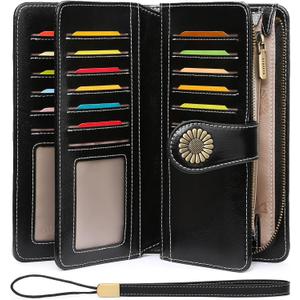SENDEFN Wallets for Women Leather Credit Card Holder with RFID Blocking Large Capacity Wristlet (1-wax-black)