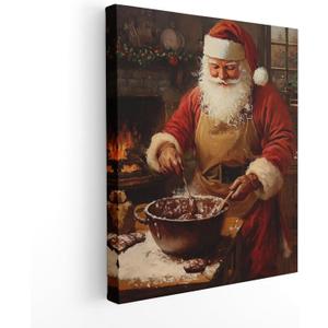APJYM Christmas Baking Santa Claus Wall Art, Christmas Kitchen Decor, Vintage Holiday Winter Santa Baker Canvas Wall Art for Home Kitchen Dining Room Bakery, 11x14 Inches Framed (RESD18)