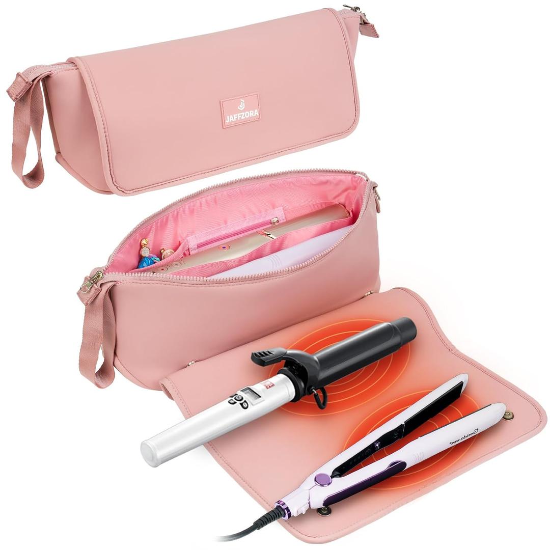 Hair Tools Travel Bag with Heat Resistant Mat, Portable 2 in 1 Hair Storage Bag for Curling Iron, Flat Irons, Straighteners and Haircare Accessories, Pink