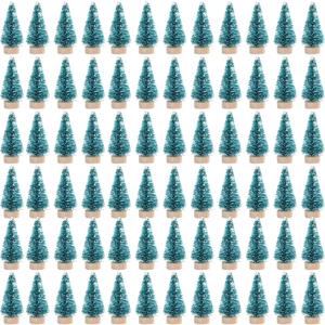 72 Pcs Mini Artificial Christmas Sisal Snow Trees with Wood Base, Blue-Green