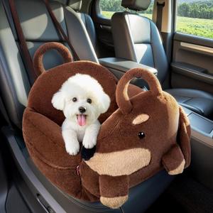 BurgeonNest Small Dog Car Seat, Cute Medium Dog Bed for Car Under 30 lbs, Washable Removable Cat Puppy Travel Booster Carseats with Clip-On Safety Leash, Fluffy Warm Pet Carrier Bag Home Bed, Brown
