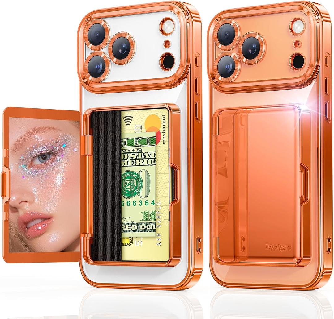 Meifigno for iPhone 17 Pro Wallet Case (Holds 3-4 Cards & Cash), Built-in Mirror & Kickstand, [Surround Raised Lens Protection] for iPhone 17 Pro Case with Card Holder for Women (6.3 inch), Orange