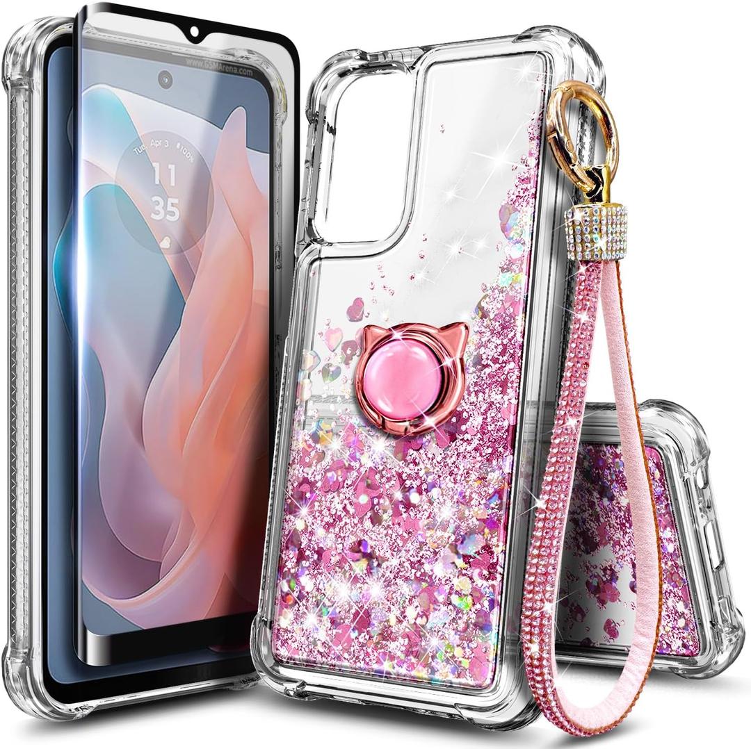 Compatible with Motorola Moto G-Stylus-5G-2024 Case, Rose Gold | Glitter Bling Sparkly Liquid Cute Phone Cover with Tempered Glass Screen Protector/Ring Holder/Diamond Wrist Strap Lanyard