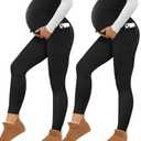Happy.angel 2 Pack Maternity Fleece Lined Leggings Over The Belly, Womens Black Workout Yoga Pregnancy Pants with Pockets, S