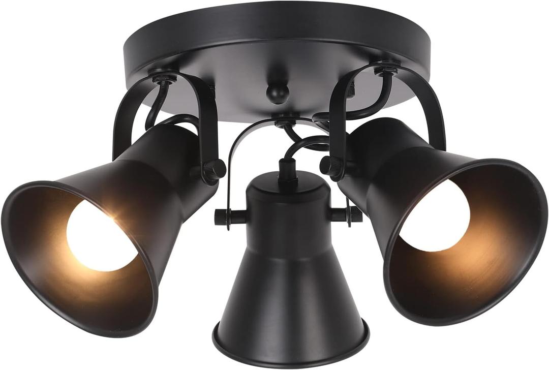 SEEBLEN 3-Light Industrial Track Lighting, Adjustable Round Kitchen Ceiling Light, Morden Black Flush Mount Directional Light for Kitchen, Hallway, Dining Room, Bathroom, Coffee Bar.