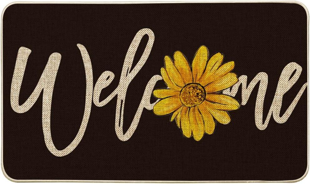 Artoid Mode Black Sunflower Welcome Summer Home Decor Low-Profile Switch Rug Door Mat for Indoor Outdoor 17x29 Inch
