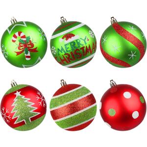 Lanpn 6Pcs 4" Large Outdoor Christmas Ornaments, Xmas Tree Elf Swirl Ball Decoration, Big Red Green Christmas Ornament, Giant Glittering String Ball Plastic Hanging Decor for Yard Lawn Holiday Party