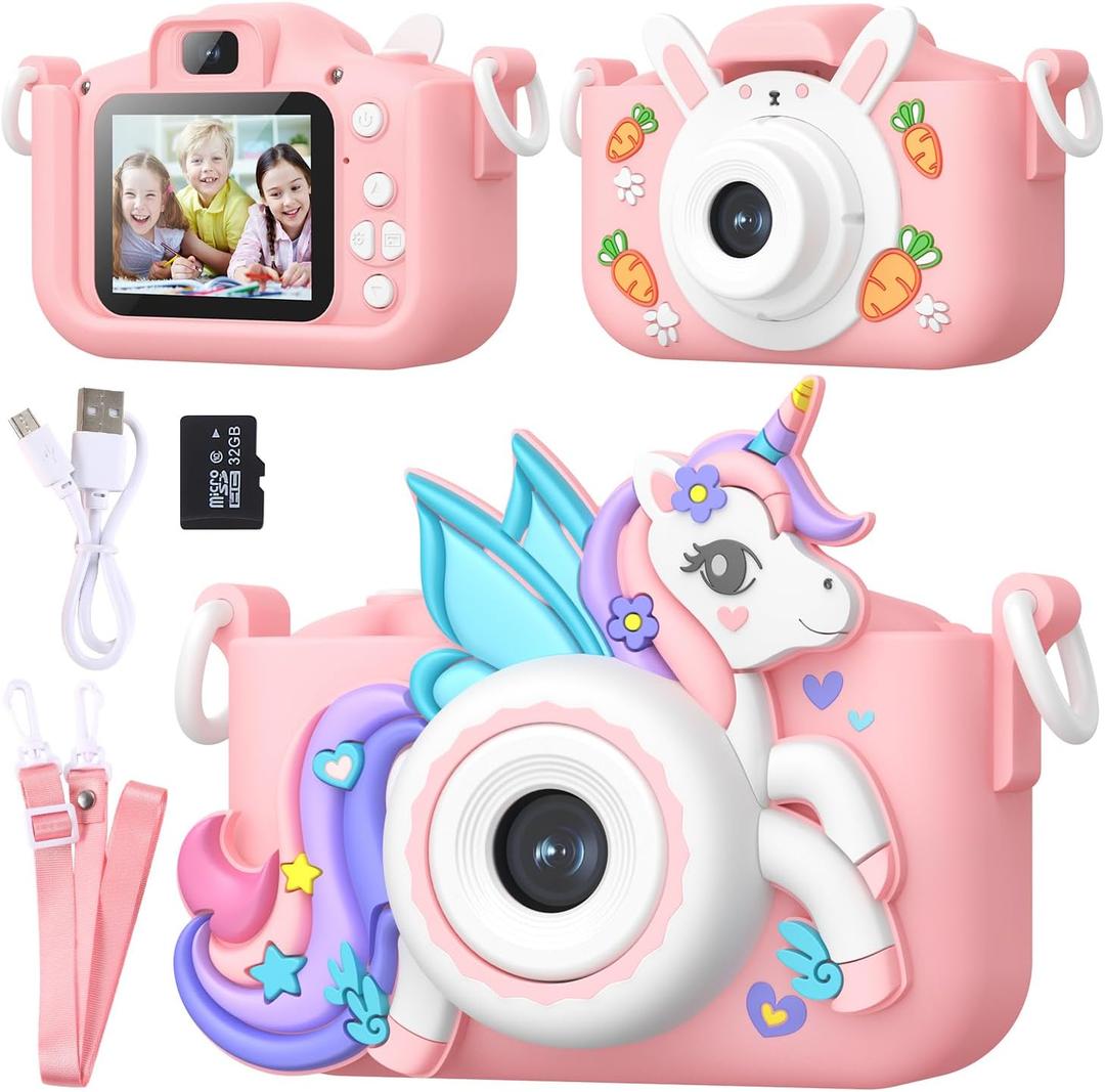 Kids Camera for 3-12 Year Olds | HD Dual Lens Camera with 32GB Memory Card, 2 Shockproof Silicone Cases, Educational Games, MP3 Player, Video Recorder & Fun Filters | Gift for Boys Girls (Pink Unicorn)