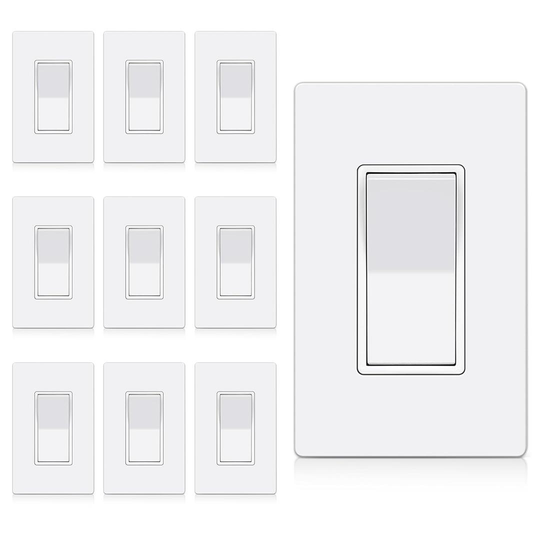 BESTTEN 3 Way Decorator Light Switch, 10 Pack On/Off Paddle Rocker Interrupter, 15A 120/277V, Electrical Wall Light Switches with Screwless Wallplates, Single Pole or Three Way, UL Listed, White