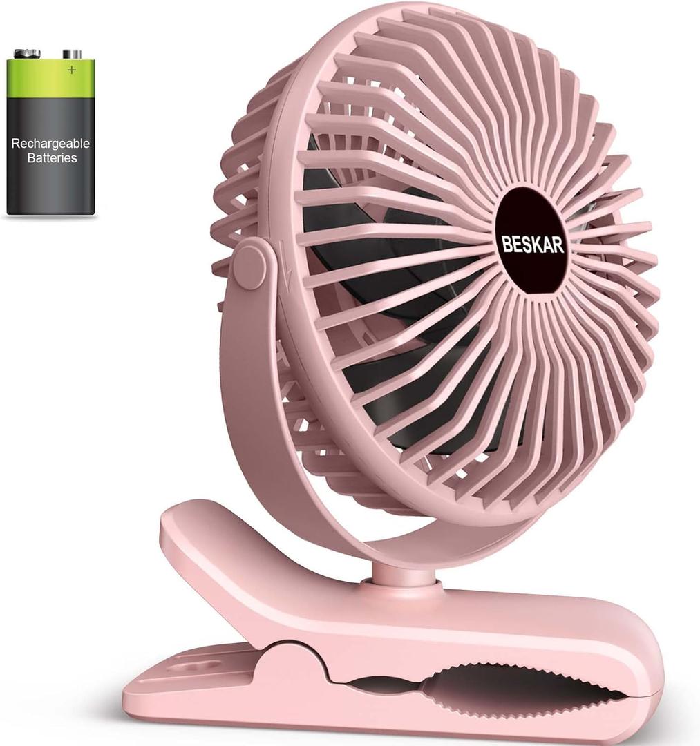BESKAR Portable Clip on Fan Rechargeable, 4 Speeds Small Battery Operated Fans, USB Desk Fan with Strong Airflow, Sturdy Clamp Fans for Golf Cart Office Outdoor Travel Camping (Light Pink)